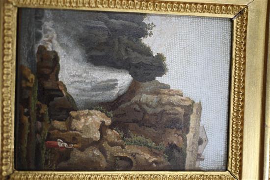 A pair of 19th century Italian micro-mosaic plaques, depicting figures beside waterfalls by Nicola de Vecchis, 4.5 x 3.25in., in gilt g